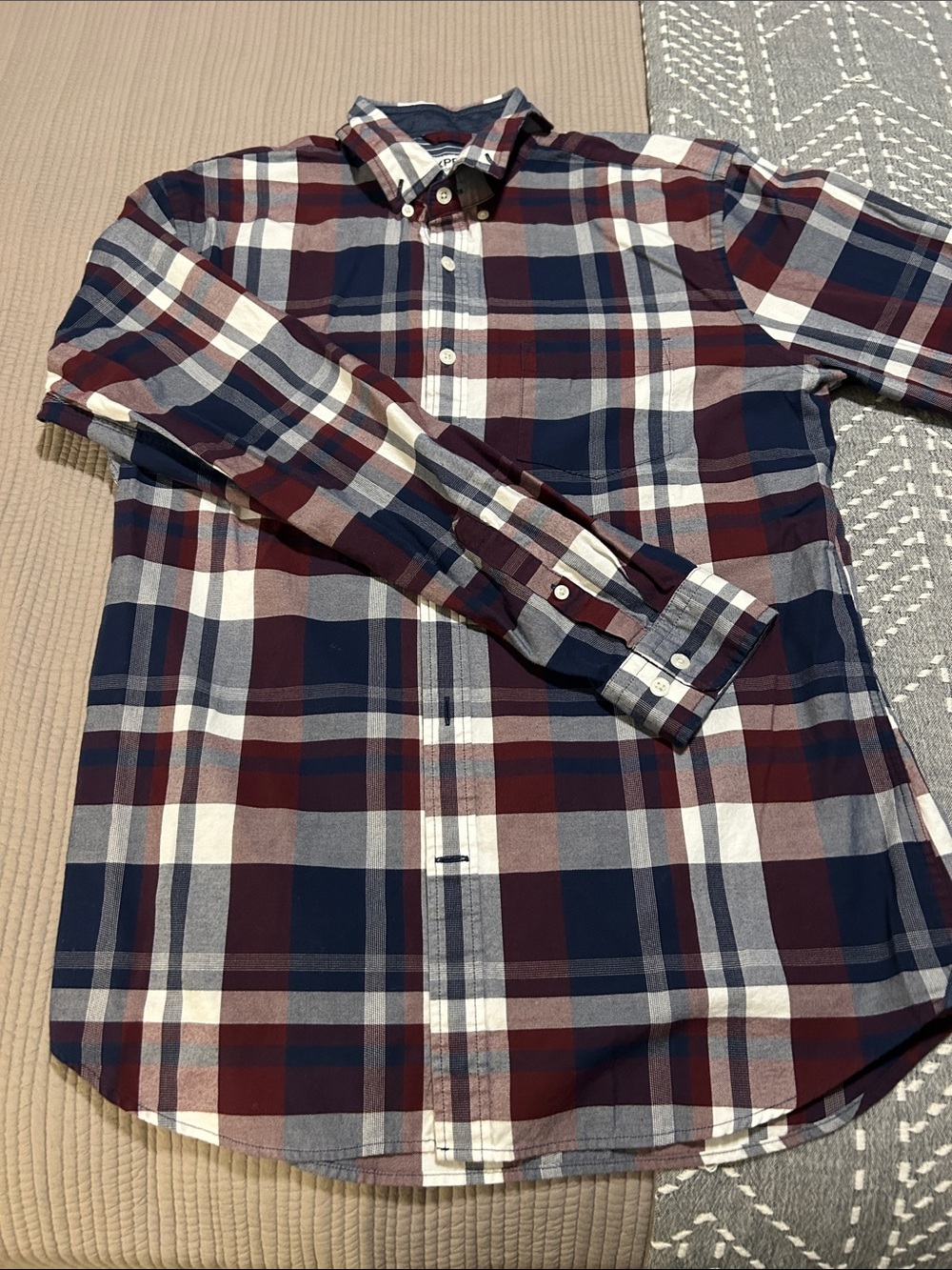 Express Men's Plaid Button-Down Shirt - Navy, Burgundy & White